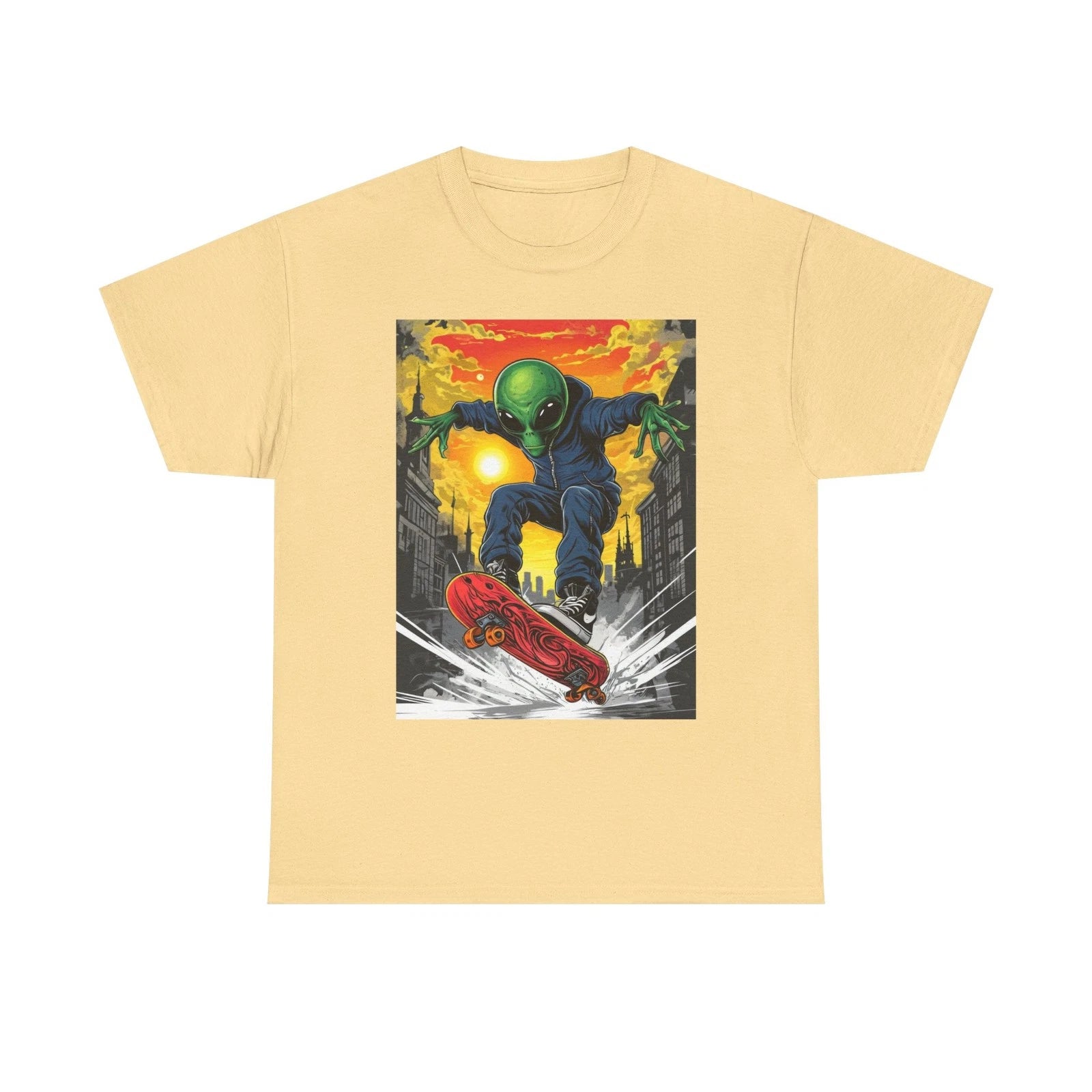 Alien Skateboarder Tee Extraterrestrial Skater T-Shirt UFO Urban Cityscape Shirt