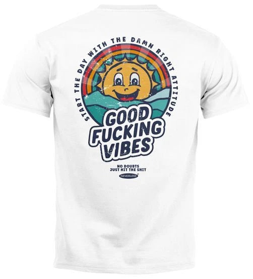 Backprint TShirt Mens Good Vibes Lettering Summer Sun Retro Vintage
