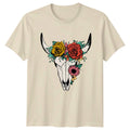 Floral Steer Skull Bohemian Art Womens T-Shirt Cow Skull Flowers Western Boho