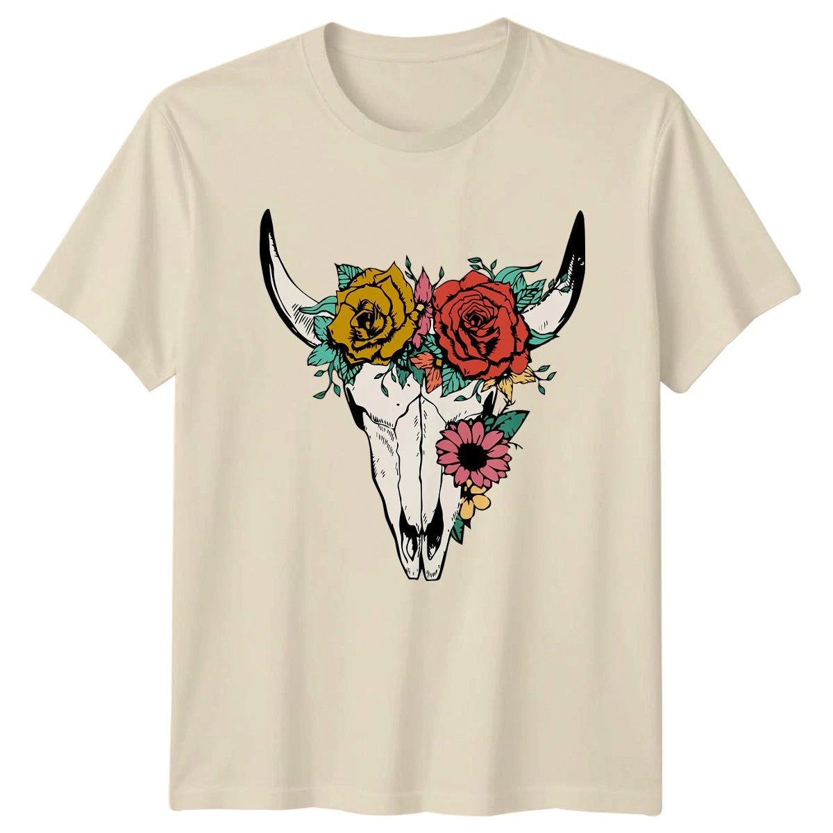 Floral Steer Skull Bohemian Art Womens T-Shirt Cow Skull Flowers Western Boho