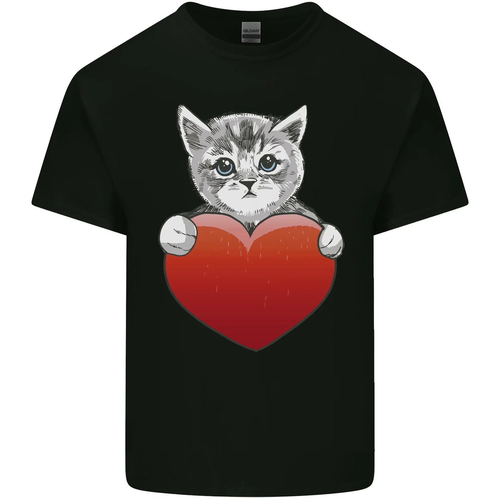 A Cute Cat With a Heart Love Valentines Day Mens Cotton T-Shirt Tee Top