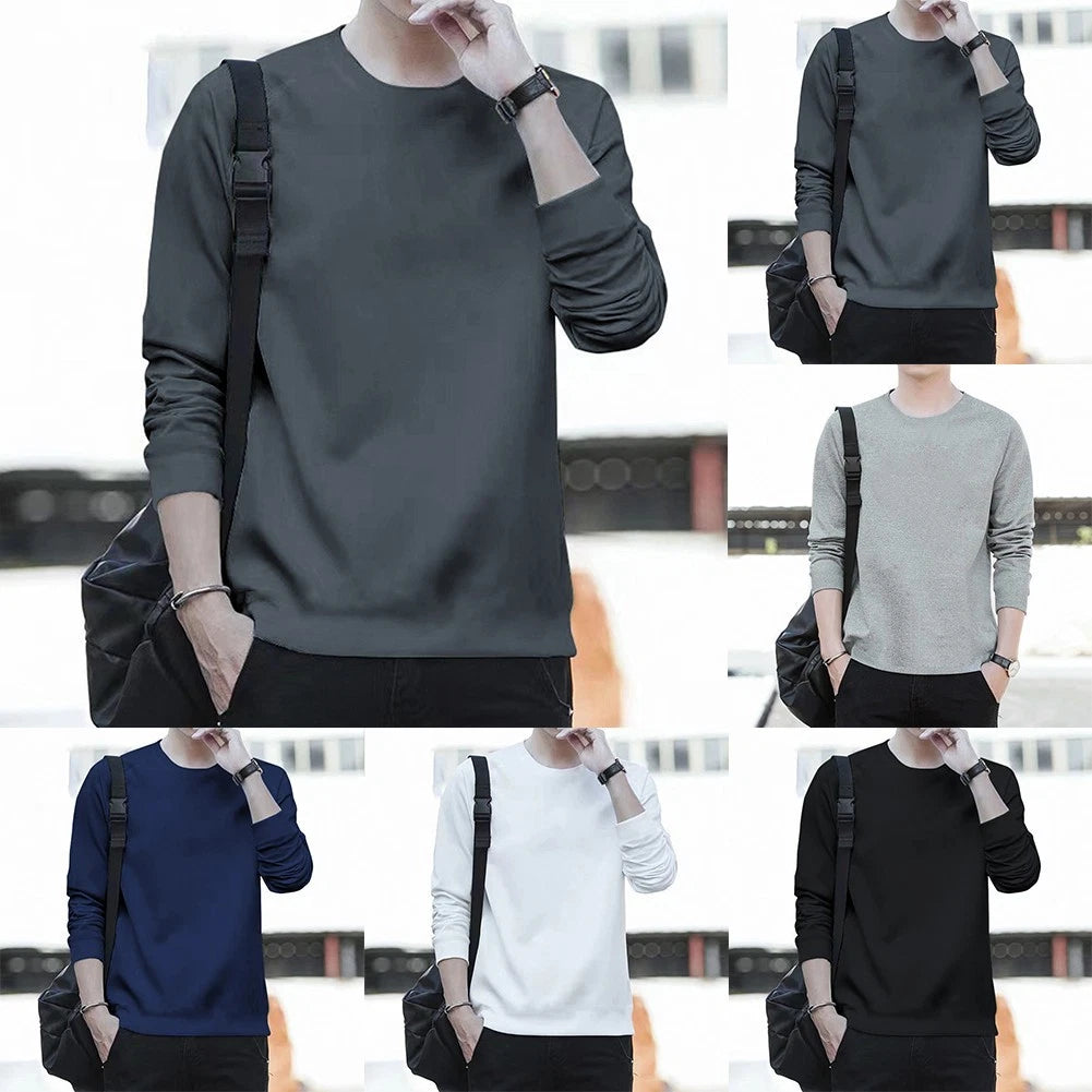 Mens Casual Comfortable Solid Color Long Sleeve Round Neck Base T Shirt