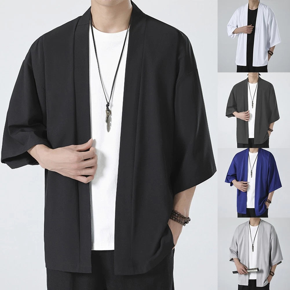 Stylish Men's Kimono Coat Loose Fit Cardigan Japanese Yukata Outerwear