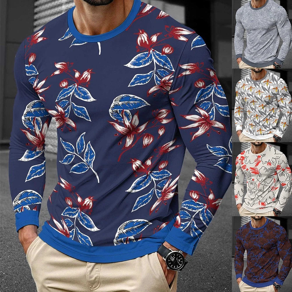 Mens Casual Long Sleeve Pullover Tshirt 3D Print Round Neck Sport Street Top