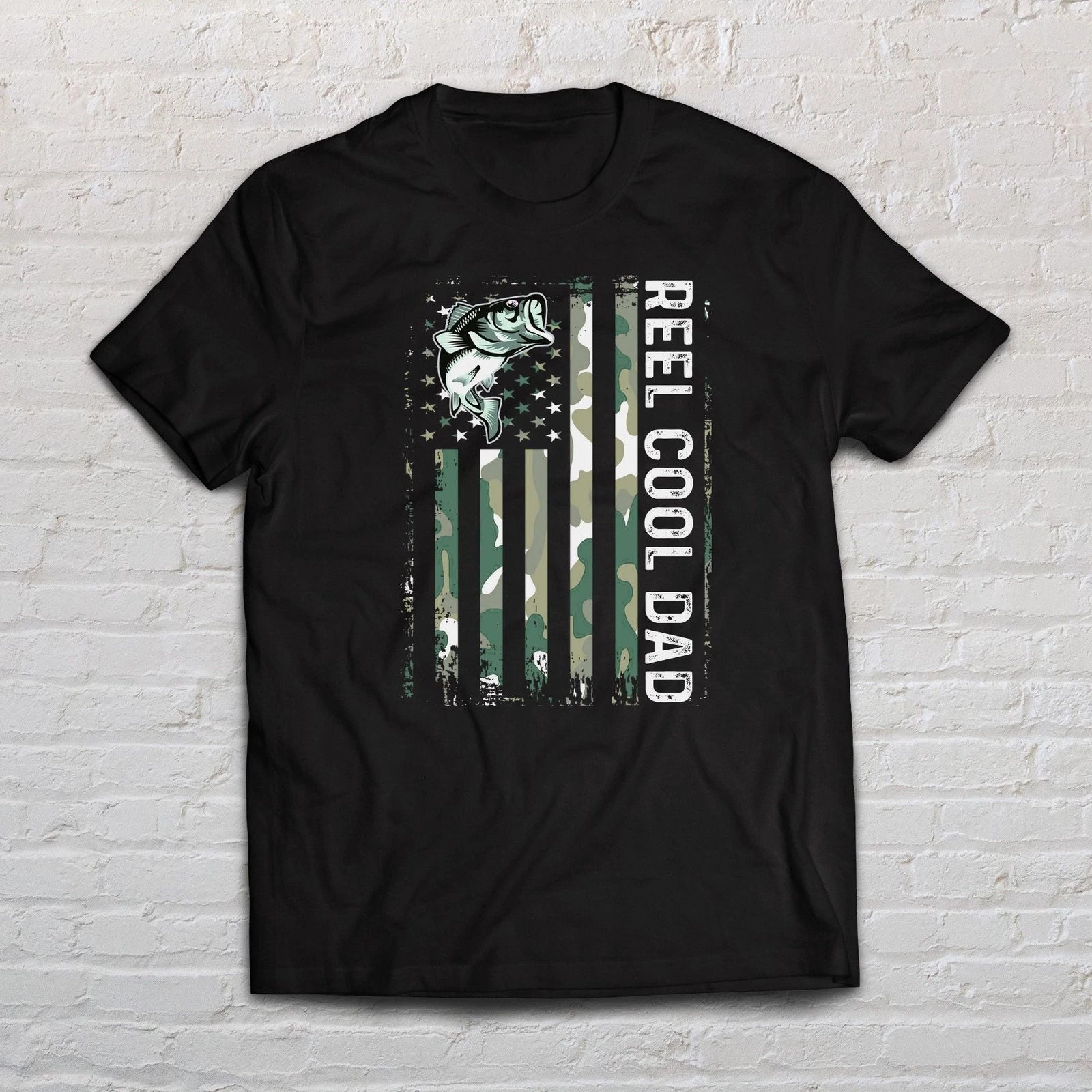 Reel Cool Dad shirt Camouflage US flag tee Black Navy Dark Heather