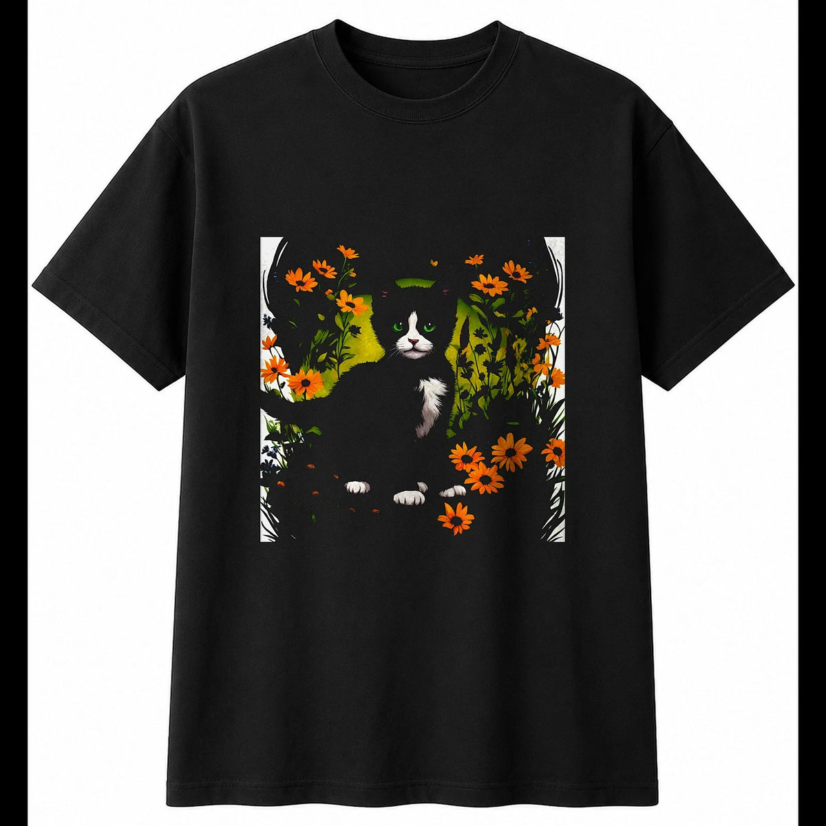 Botanical Kitten with Flowers Cat Cute Mens T-Shirt Black 100% Cotton Kawaii