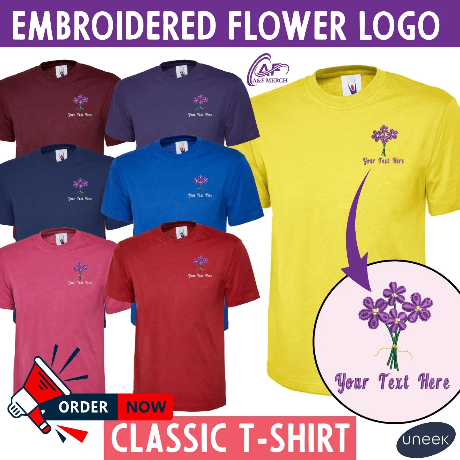 Custom Embroidered Boho Floral Purple Logo Flower Work T-Shirt
