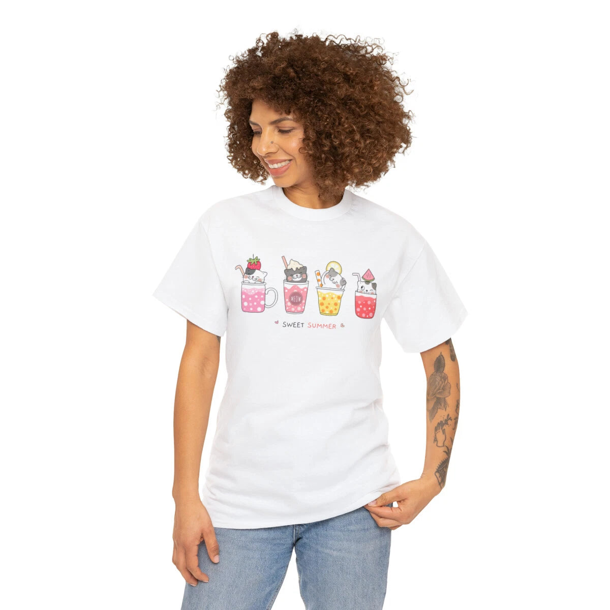 Cute Summer Cartoon Cats - Unisex Heavy Cotton Tee