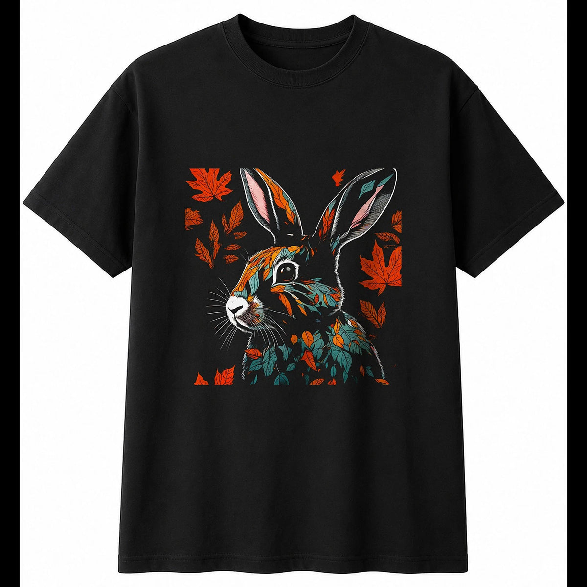 Graphic Rex Rabbit in Autumn Cute Mens T-Shirt Black 100% Cotton Kawaii Adorable