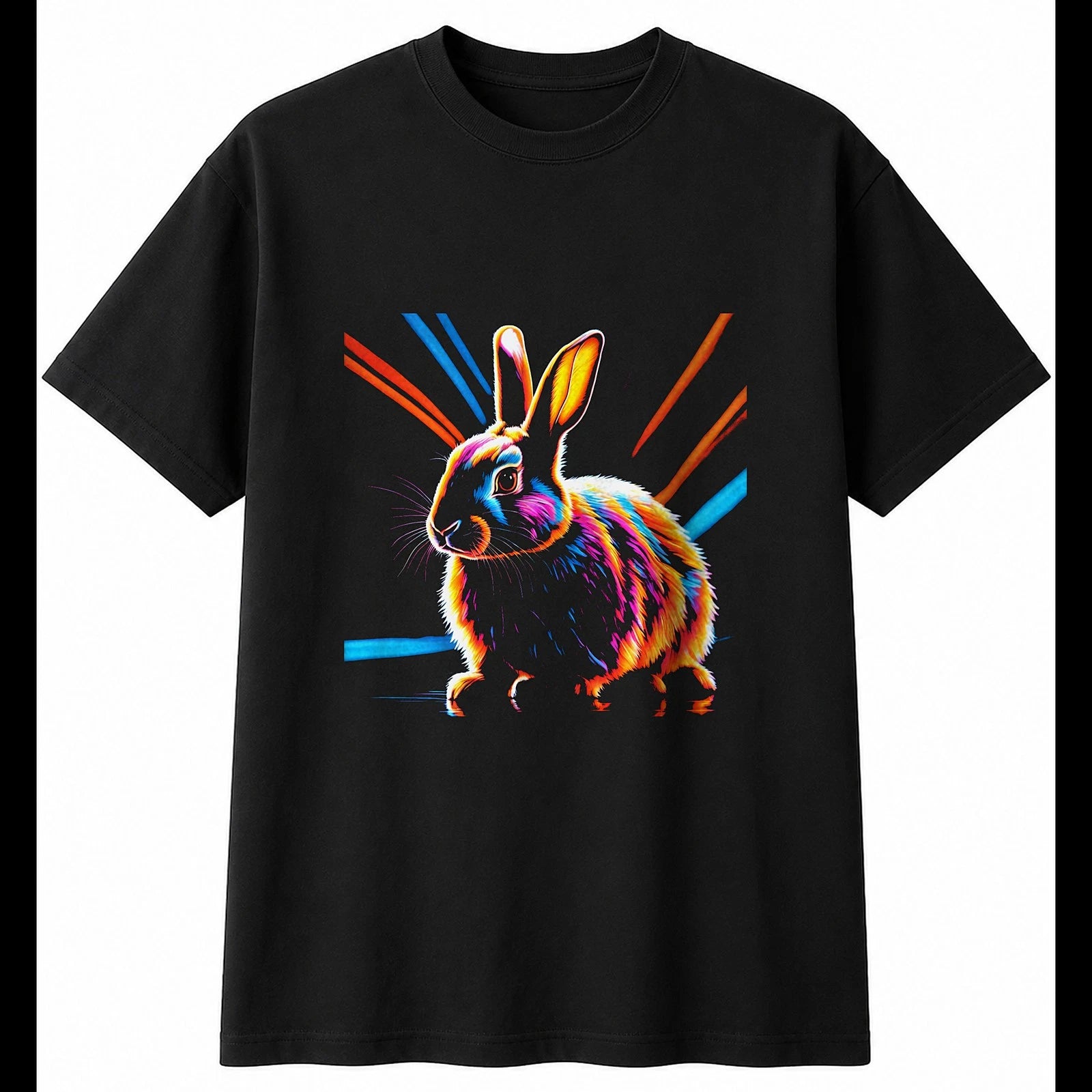 Rabbit Neon Cute Mens T-Shirt Black 100% Cotton Adorable Tee Kawaii