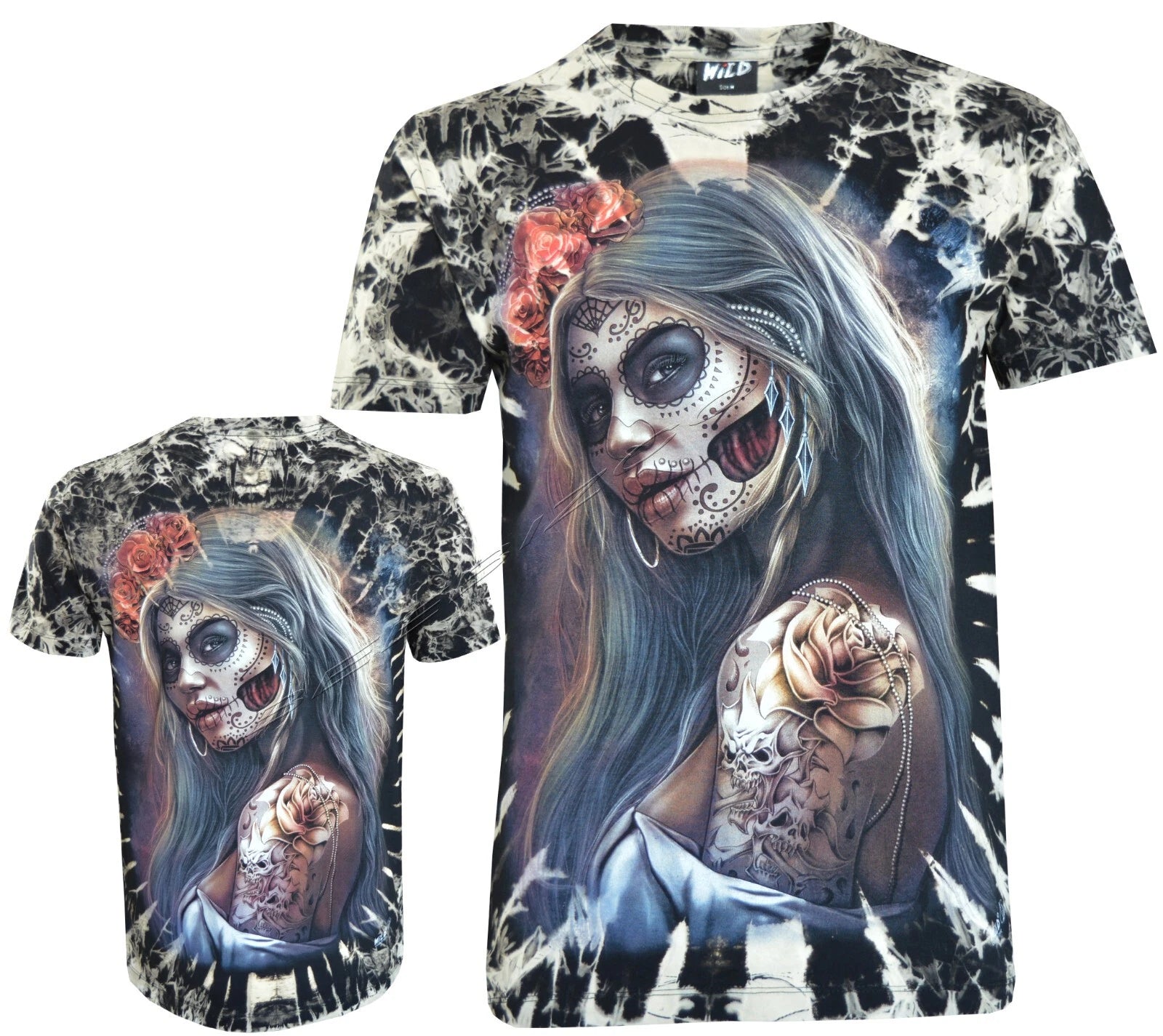 Tie Dye T-Shirt Woman with Day of the Dead La Catrina Tattoo Glow inDark by Wild