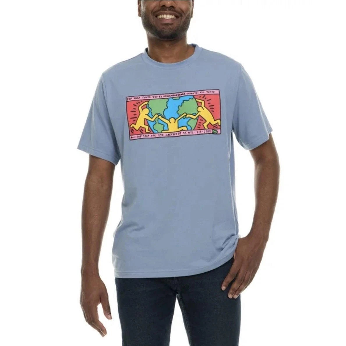 Keith Haring Graphic Print Tee Shirt Men Medium Blue Short Sleeve Cotton NWT