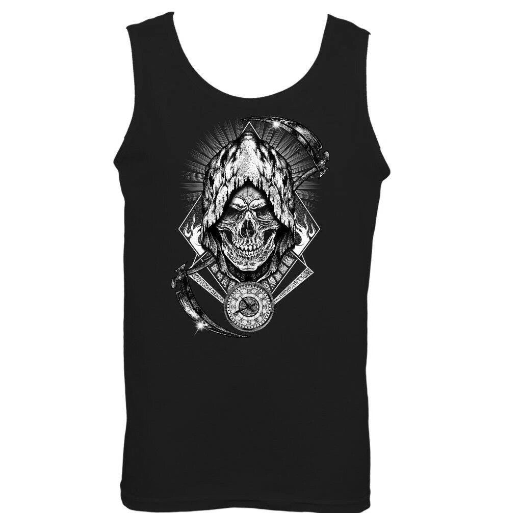 Grim Reaper Mens Skull Vest Biker Tattoo Heavy Metal Music Guitar Motorbike