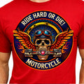 Skull Biker Ride Hard Or Die Graphic Motorcycle Wings Piston Helmet Rider Tee.