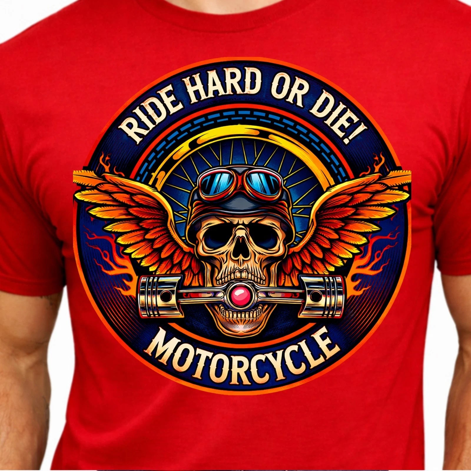 Skull Biker Ride Hard Or Die Graphic Motorcycle Wings Piston Helmet Rider Tee.