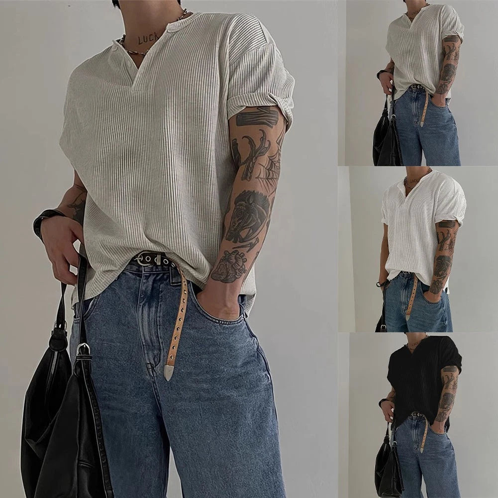 Men's Regular Fit V Neck Short Sleeve Waffle Pattern Polyester Training Top