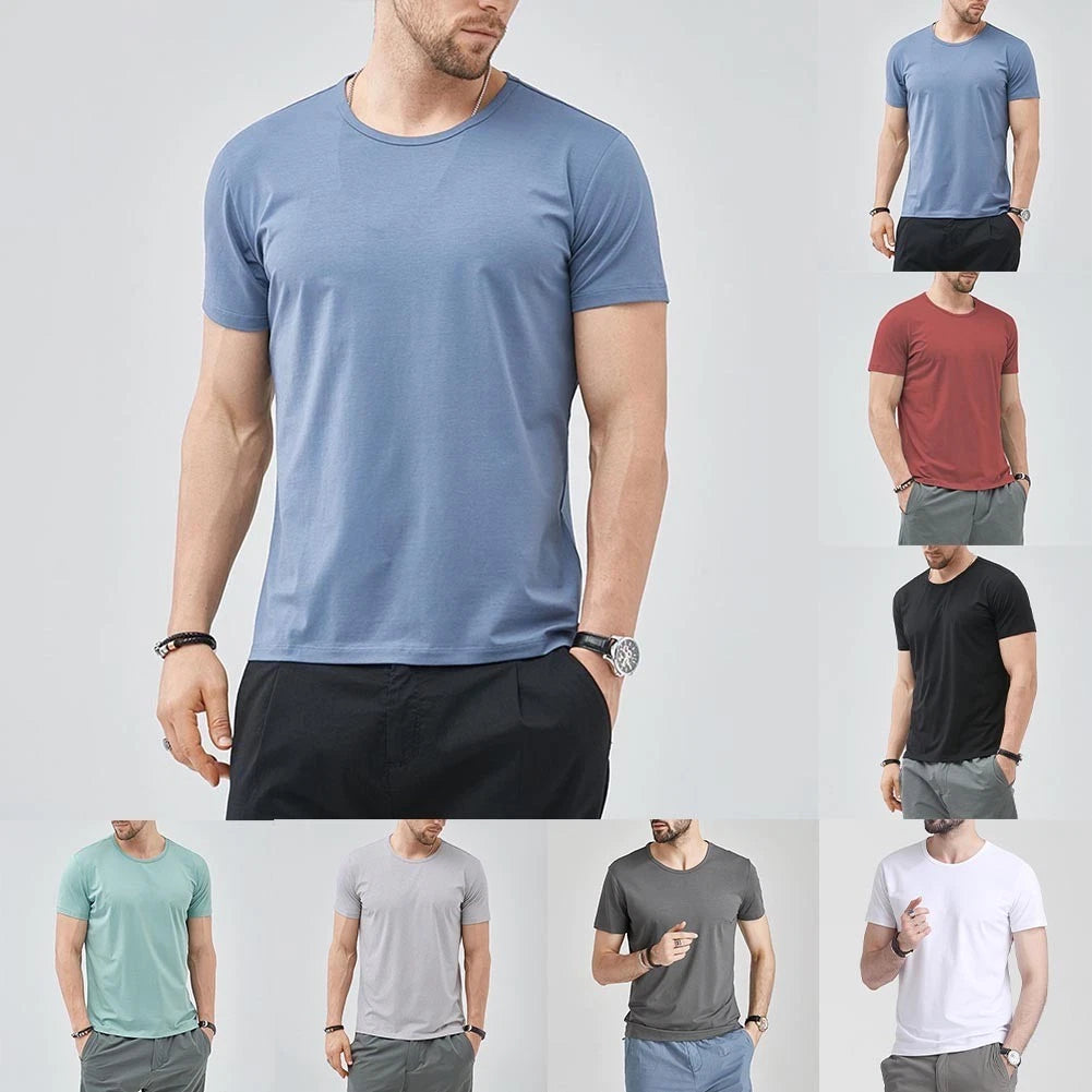 Men Solid Color T-Shirt O Neck Short Sleeve Slim Fit Casual Top Light Blue