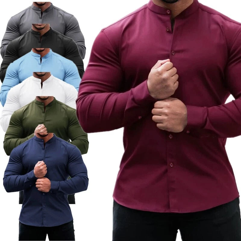 Mens Long Sleeve Slim Fit Shirt Business Work Office Stand Collar Button Shirt