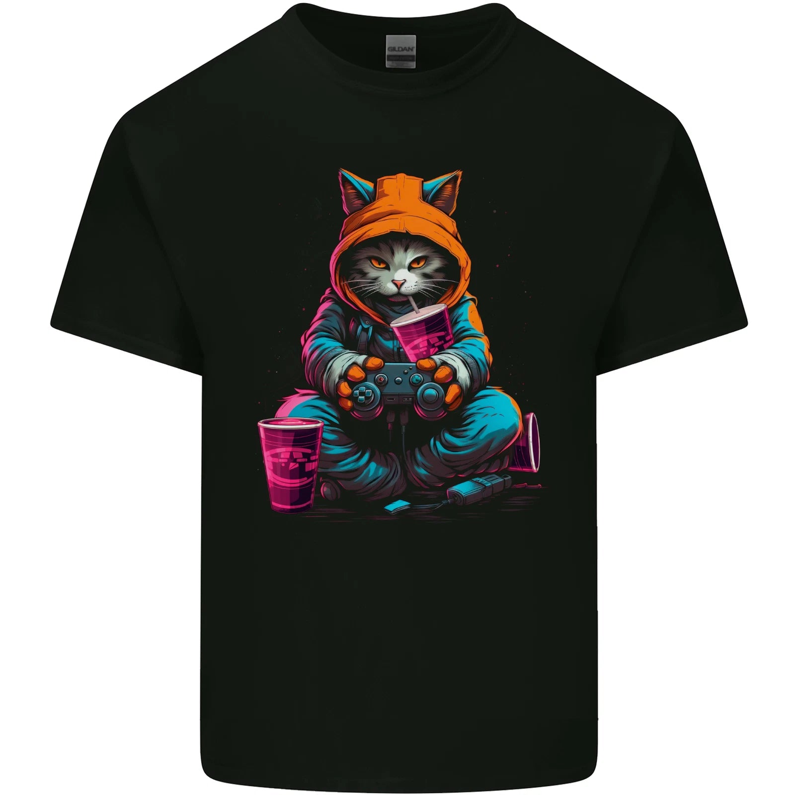 A Gaming Cat Cool Gamer Video Games Mens Cotton T-Shirt Tee Top