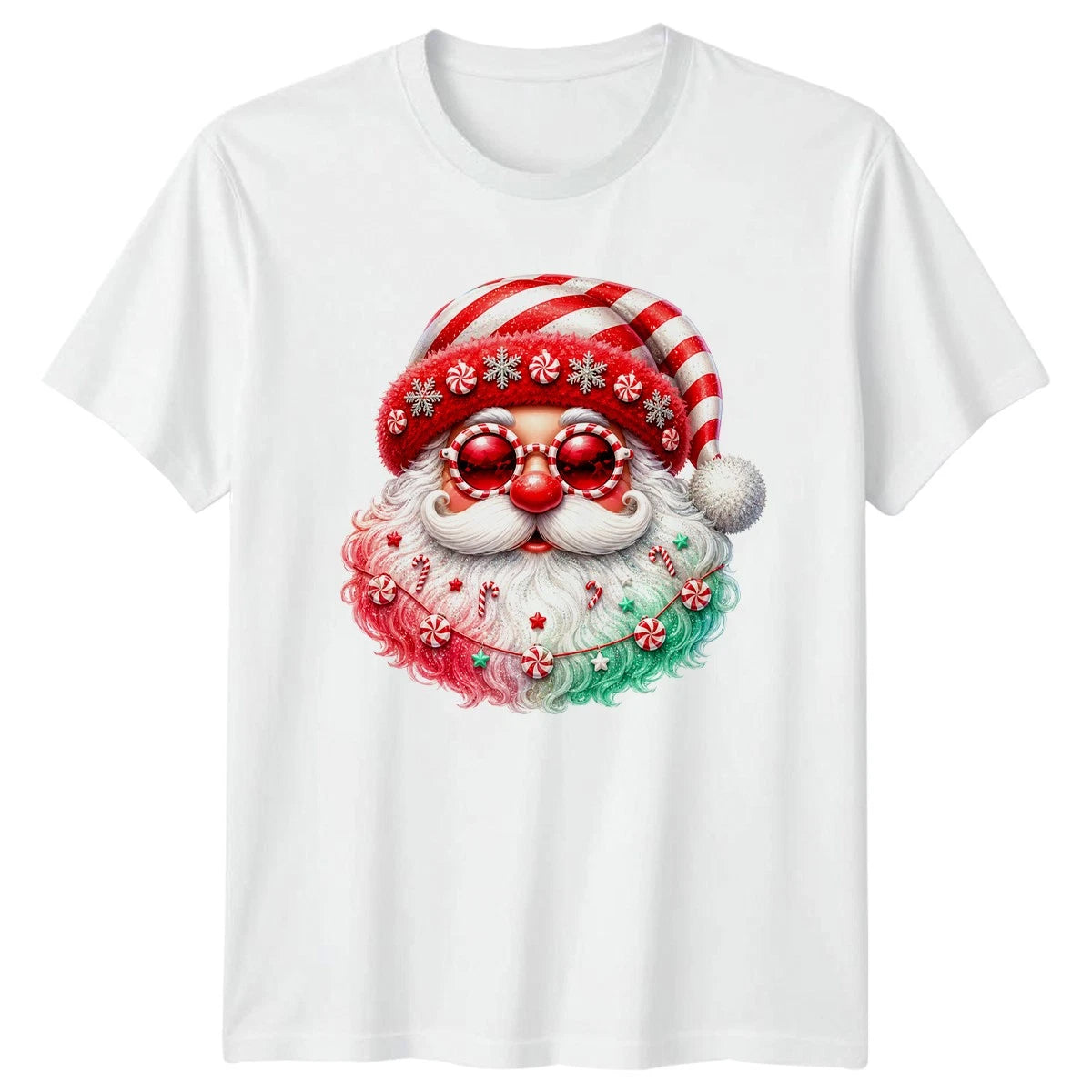 Trendy Candy Cane Santa Face T-Shirt Santa Claus Christmas Gift For Him And Her