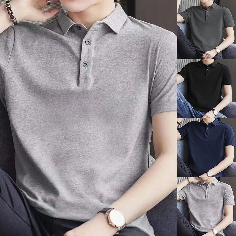 Men's Breathable Short Sleeve Solid Color T Shirt Lapel for Daily Wear