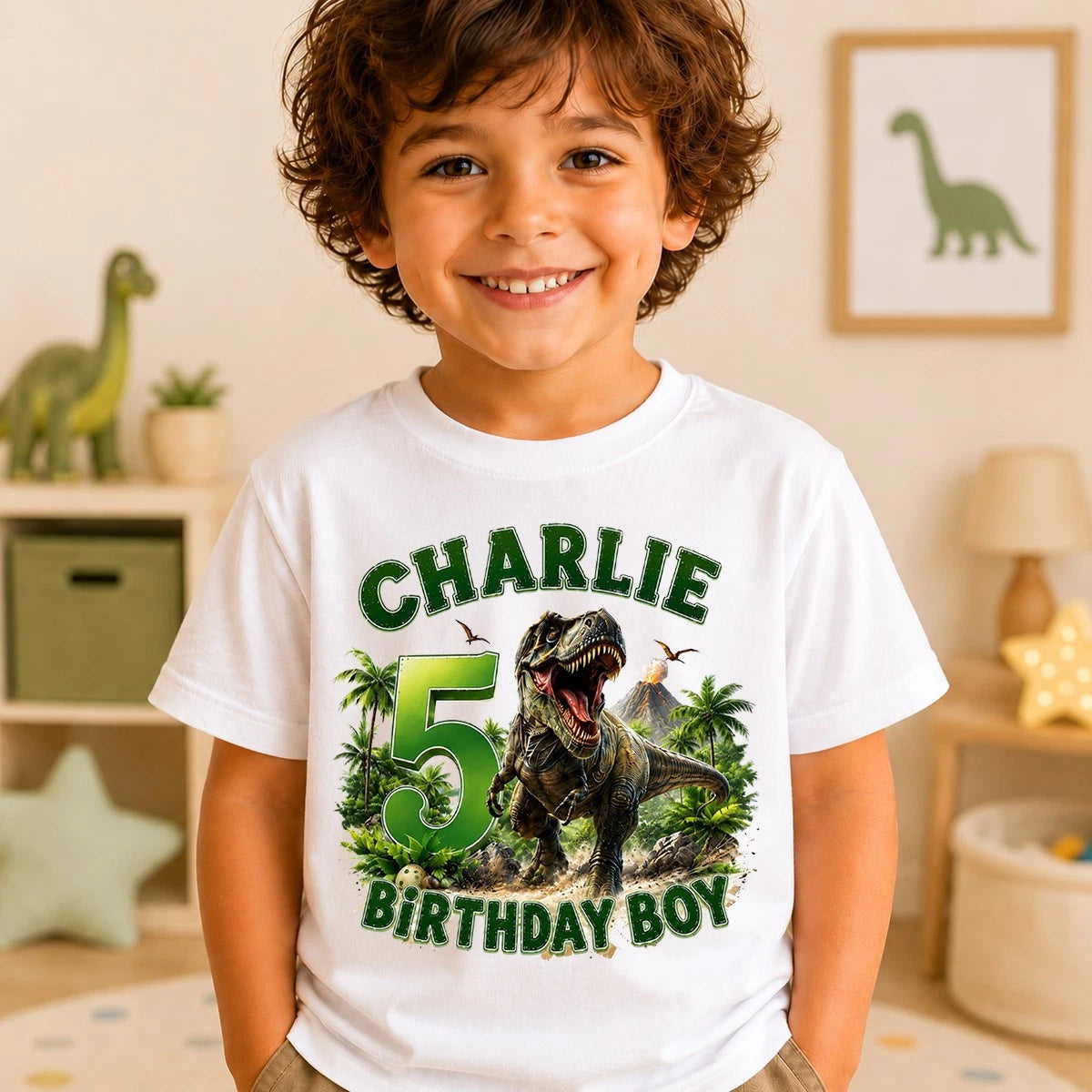 Personalised Dinosaur 5th Birthday Boy T Shirt with Custom Name