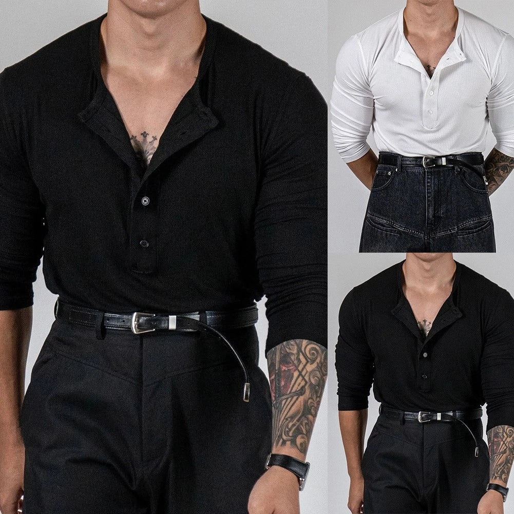 V Neck Long Sleeve Slim Ribbed Stretch Top for Men Athletic and Everyday Wear
