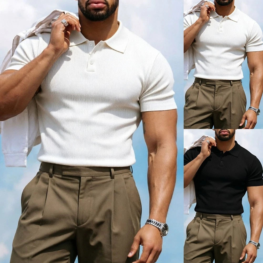 Men's Slim Fit Short Sleeve Business Shirt with Lapel and Button Detail