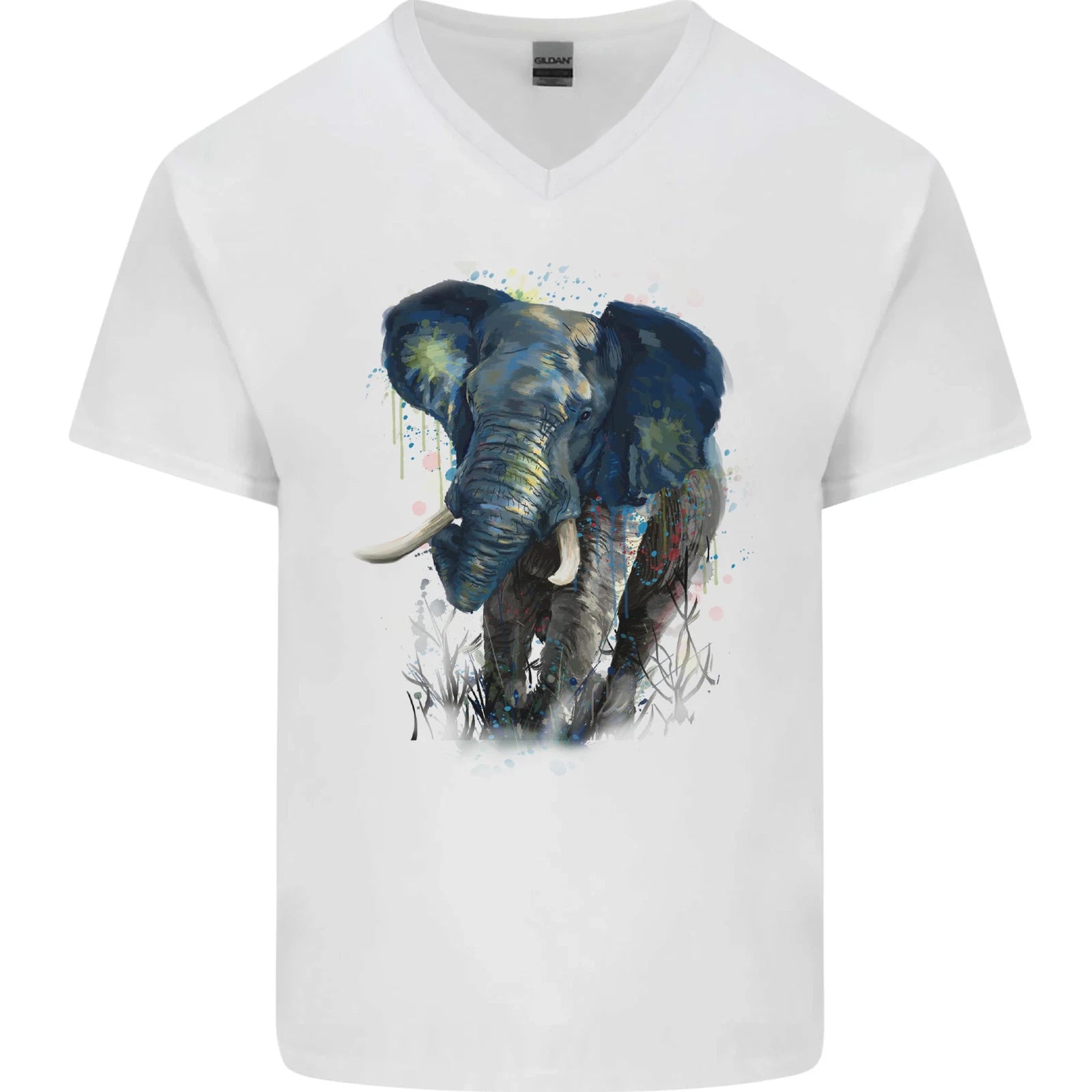 A Big Elephant Watercolour Mens V-Neck Cotton T-Shirt
