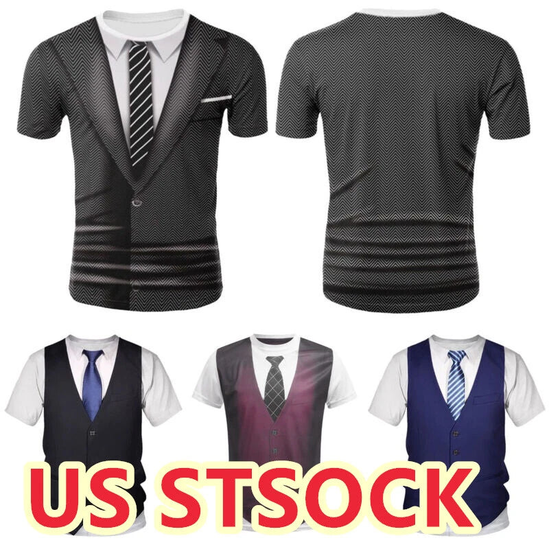 Freebily Men's Fake Suit Vest Tie Printed T-Shirt Casual Shirt Tuxedo Top