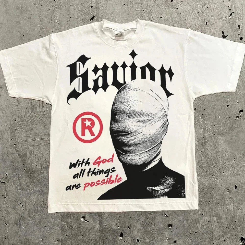 Savior Matthew 19:26 Verse Mens Y2K Graphic T Shirt Streetwear Cotton Tee S-3XL