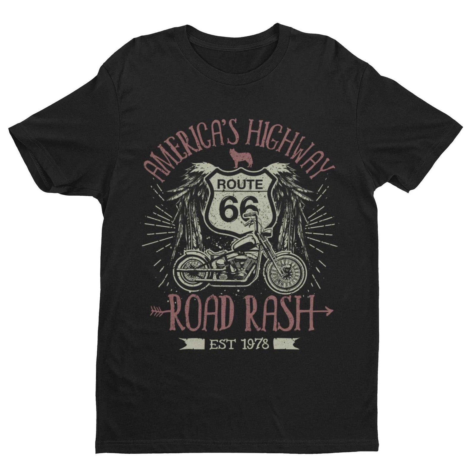 Route 66 America's Highway Road Rash Biker T Shirt Motorcycle Classic Design