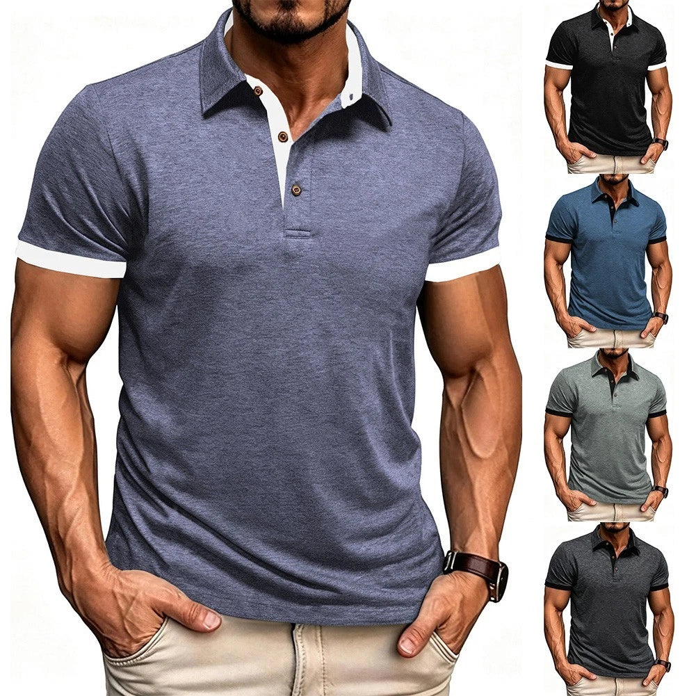 Men's Short Sleeve Pullover T-Shirt Slim Fit Lapel Neck Button Front Top
