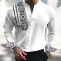Men's Printed Shirt Casual Slim Shirts Long Sleeve V-neck Tops Blouse