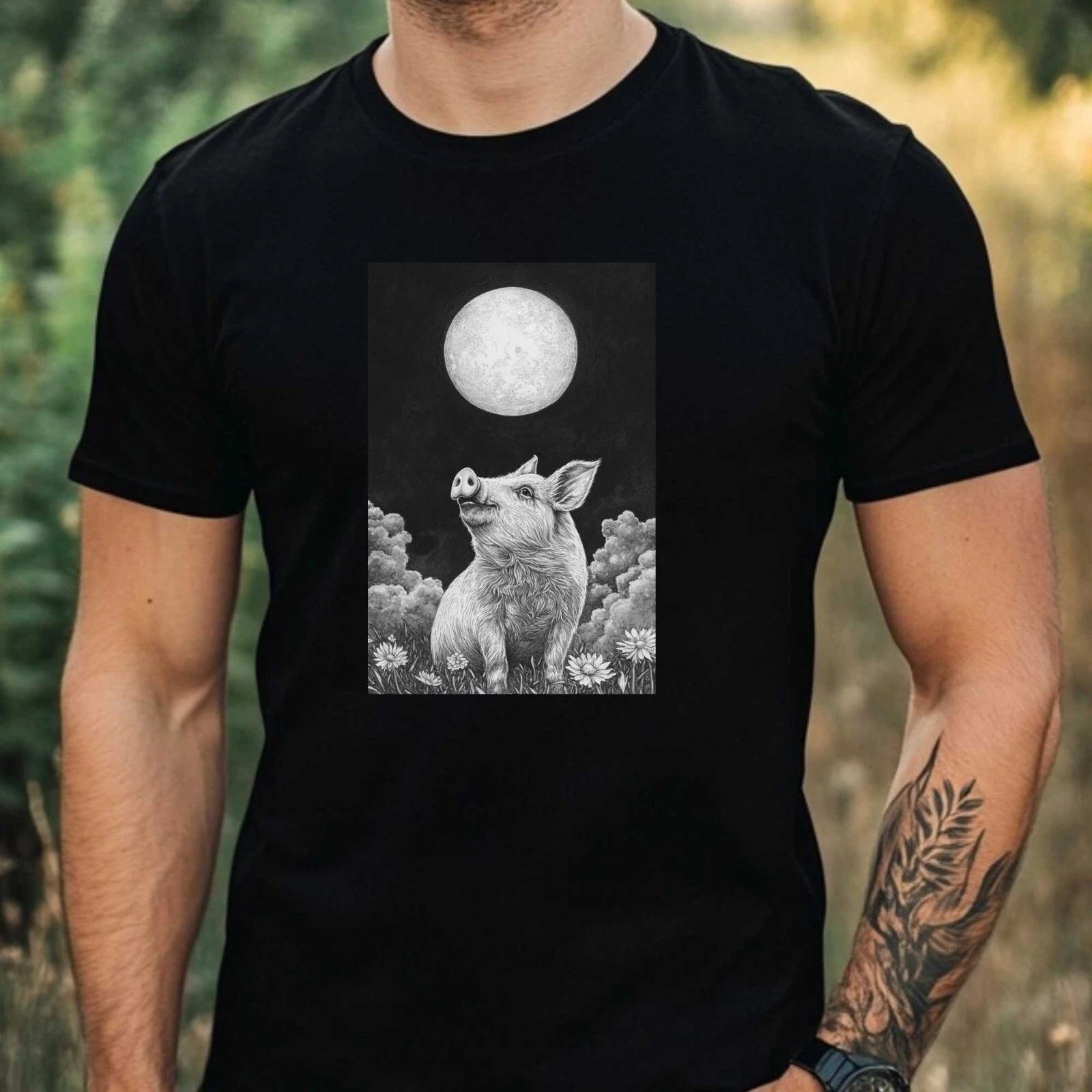 Mens Pig in the Moonlight Motif Cotton T-Shirt Size XS to 5XL