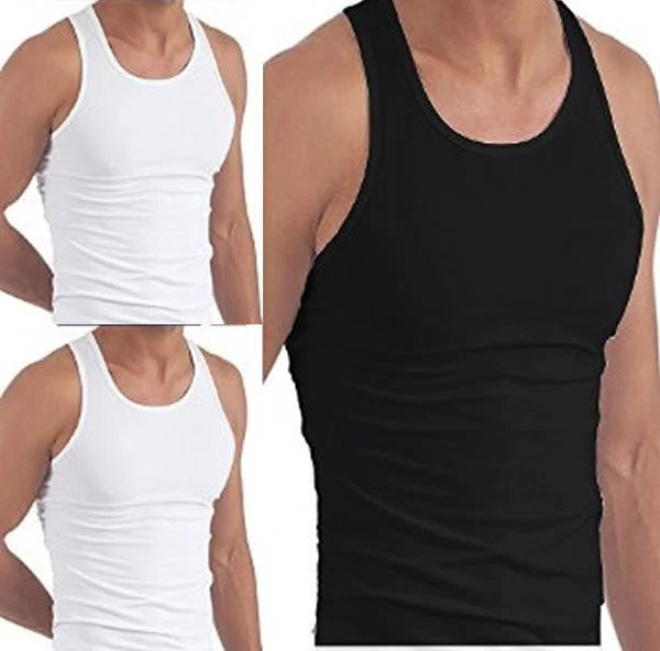 BLACK WHITE SLIM FIT Fine Cotton Sleeveless Gym Vest Singlet Top Multi Pack