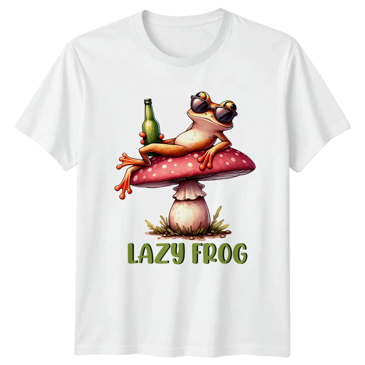 Funny Lazy Frog On Mushroom With Beer Sunglasses Graphic T-Shirt