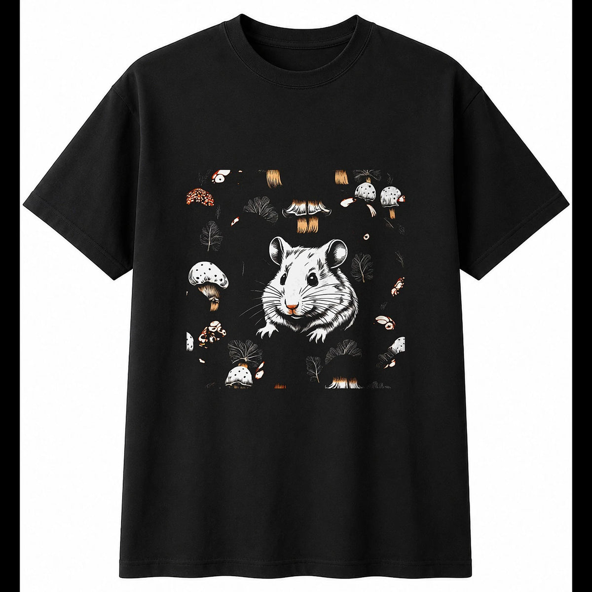 Graphic Hamster with Mushrooms Cute Mens T-Shirt Black 100% Cotton Kawaii Top