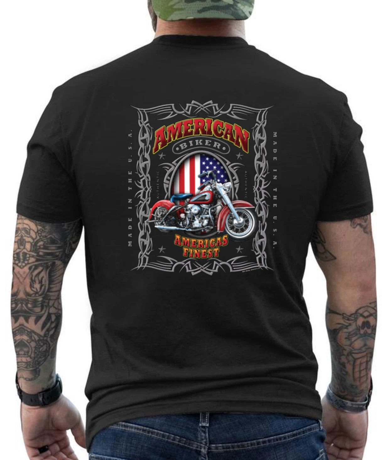 American Biker American Flag Cool  Graphic Design  T- Shirt
