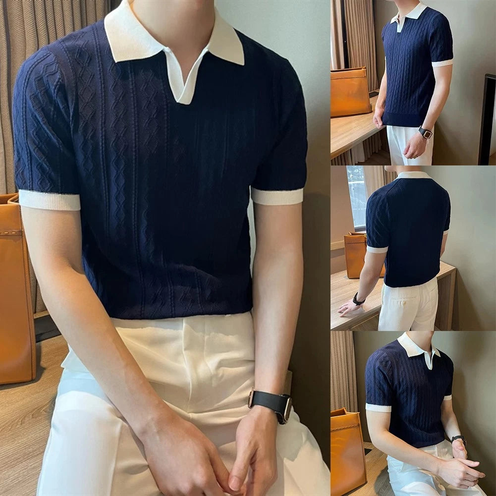 Hip Mens Color Patchwork Knitted Tshirt Fashion Short Sleeve Summer Streetwear
