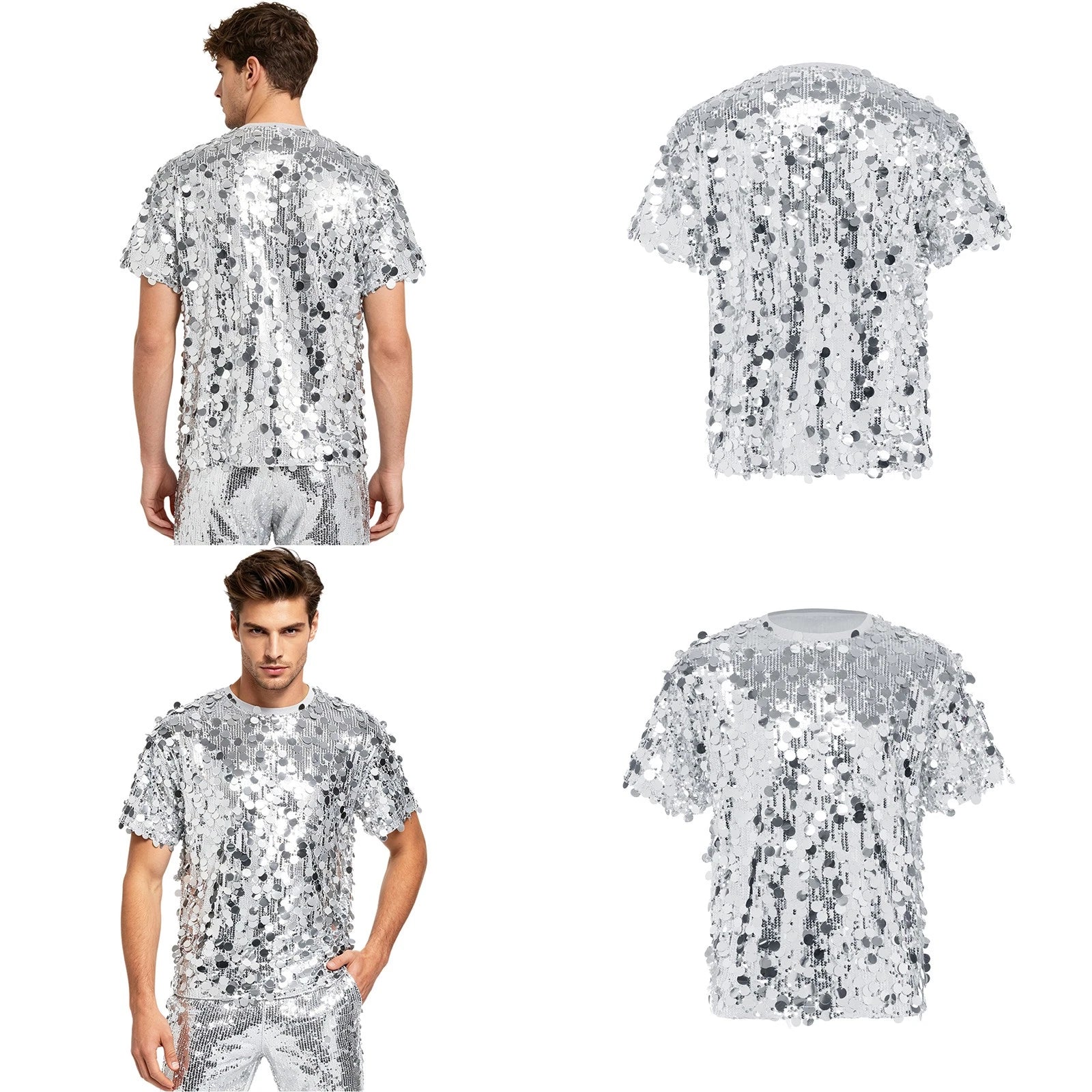 Men T-shirt Jazz Dance Top Dates Tee Raves Sequins Party Glitter Daily Wear