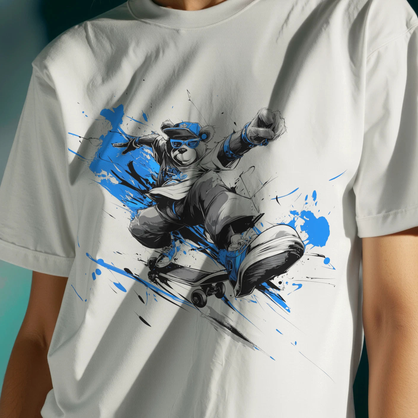 Skateboard Teddy Bear T-Shirt, Streetwear Drop-Shoulder Tee, Urban Art Shirt