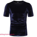 Men Velvet Short Sleeve T-Shirt Crew Neck Velour Top Tee Shirt Retro Basic