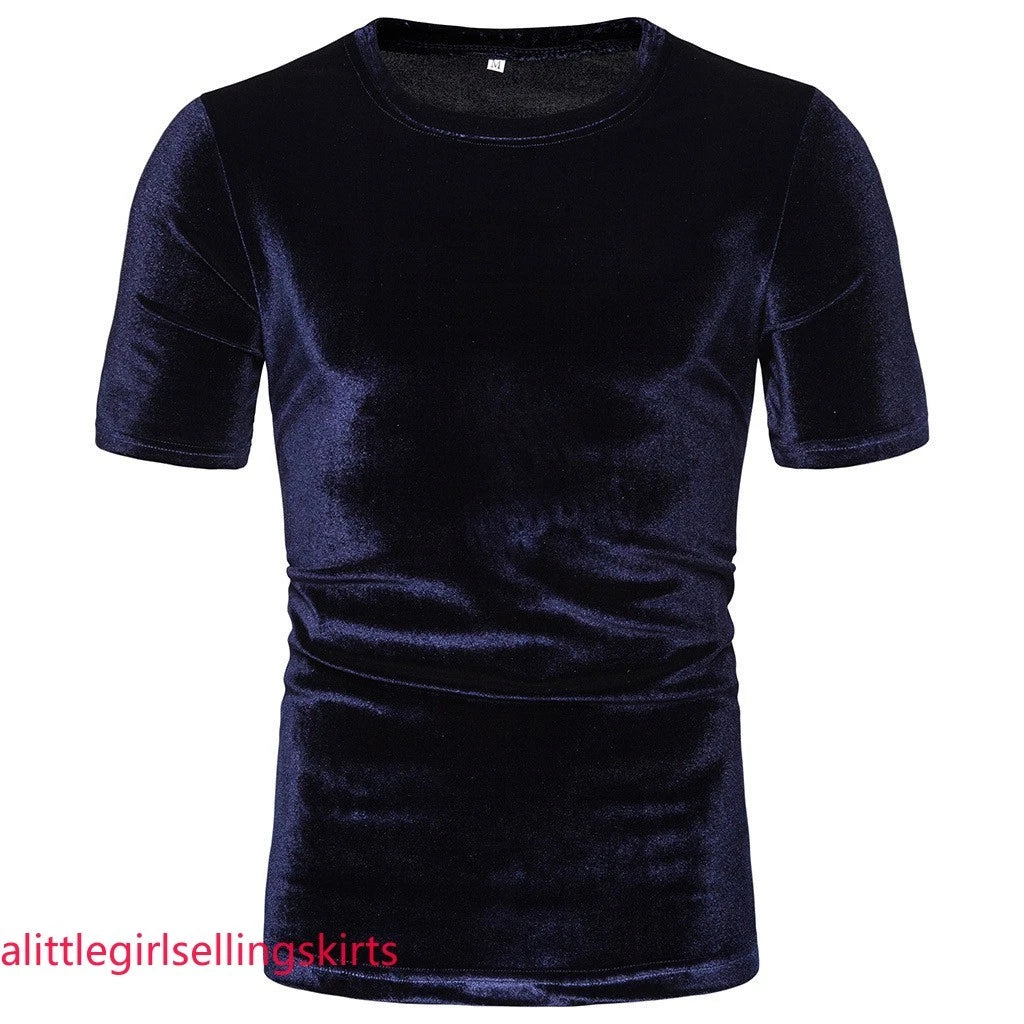 Men Velvet Short Sleeve T-Shirt Crew Neck Velour Top Tee Shirt Retro Basic