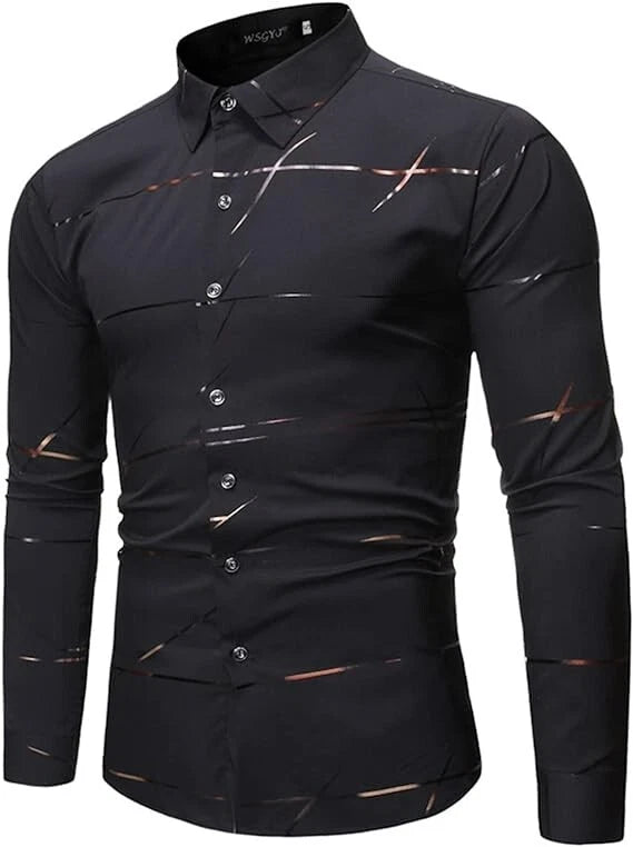 Slim Men Shirt Dress Long Sleeve Turn Down Collar Stripes Single-breasted Polo