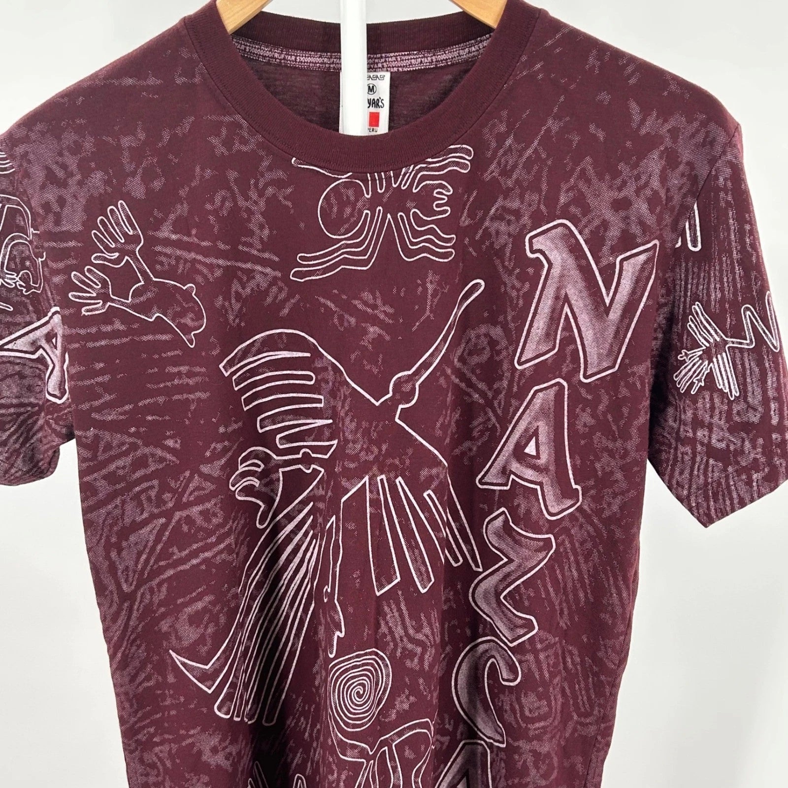 Y2K Peru Graphic Tee Burgundy All Over Print Boho Skater Medium