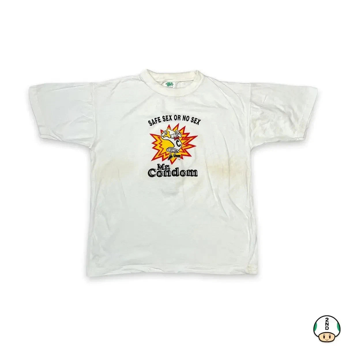 Vintage 90s Mr Condom Safe Sex or No Sex T Shirt Mens Small White Graphic Tee