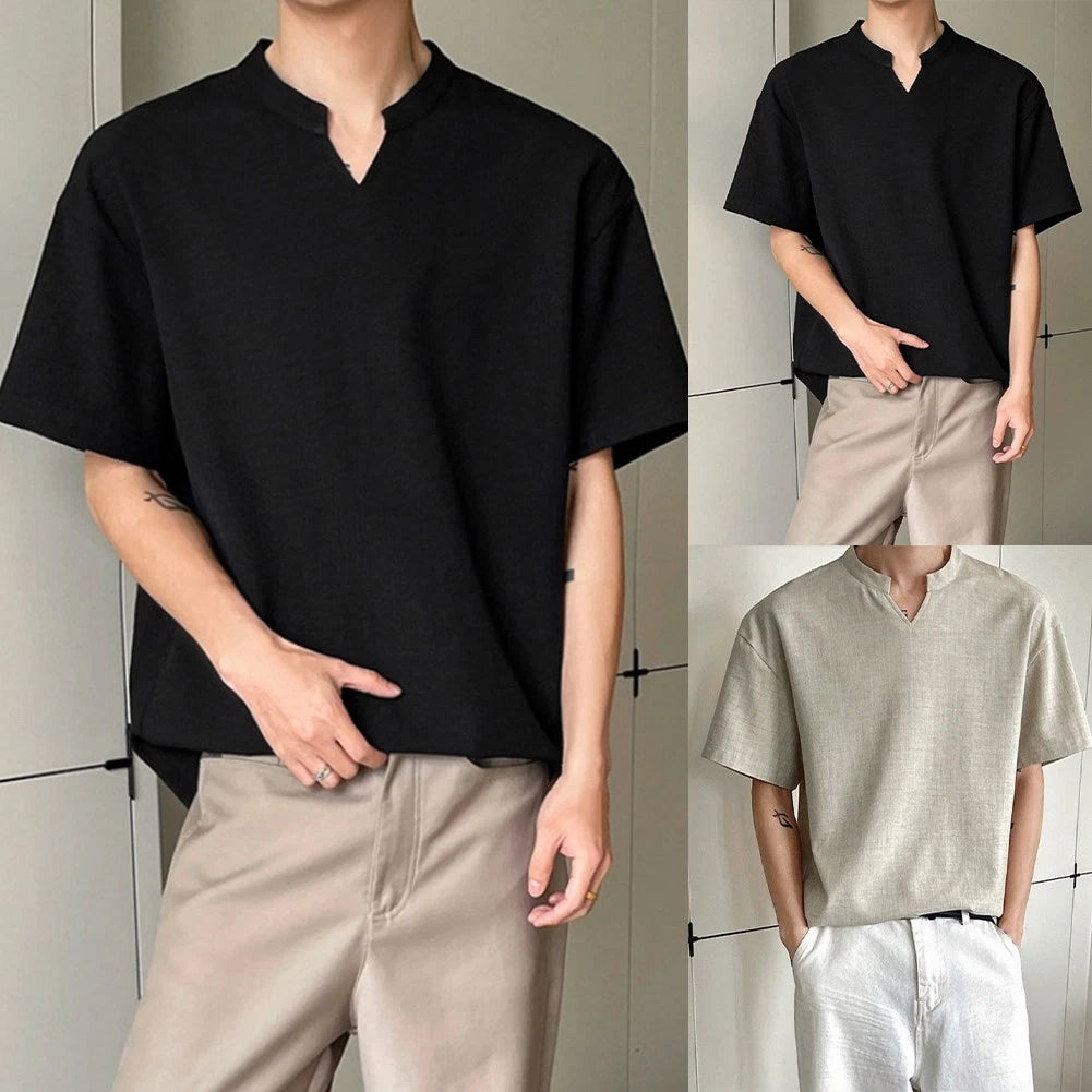 Men Imitation Linen Short Sleeve T Shirt V Neck Loose Casual Daily Top