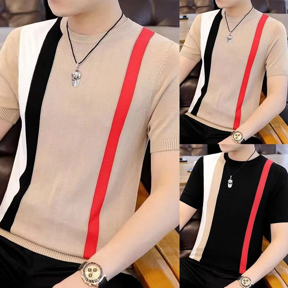 Korean Style Shirt Men Slim Fit Tee Casual Wear Layering Stripe Pattern