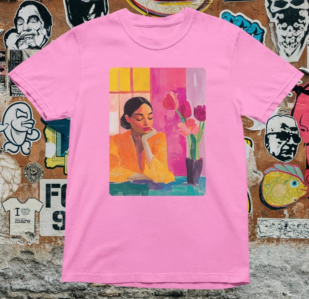 Woman With Flowers T Shirt – Modern Abstract Art Tee – Colourful Feminine Aesthe